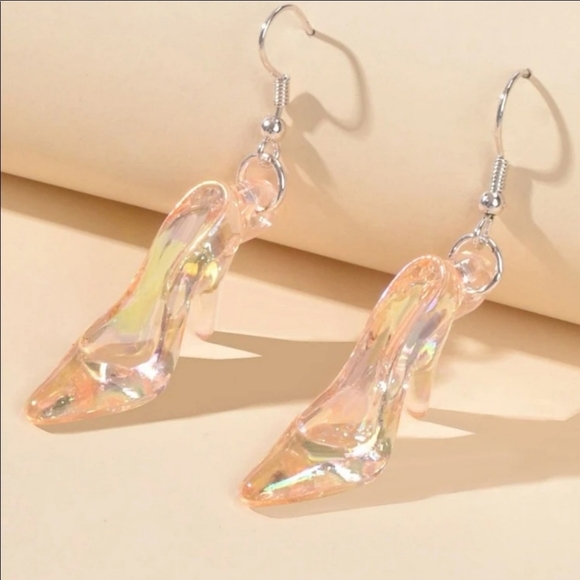 None Jewelry - Cinderella Glass Slipper Champagne Holographic Dangle Earrings